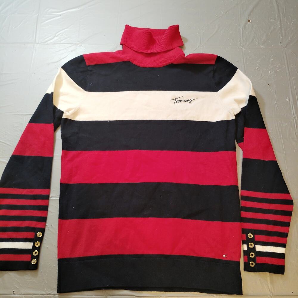 Vintage Tommy Hilfiger Striped Sweater S Red Black White Roll Neck Turtleneck 90